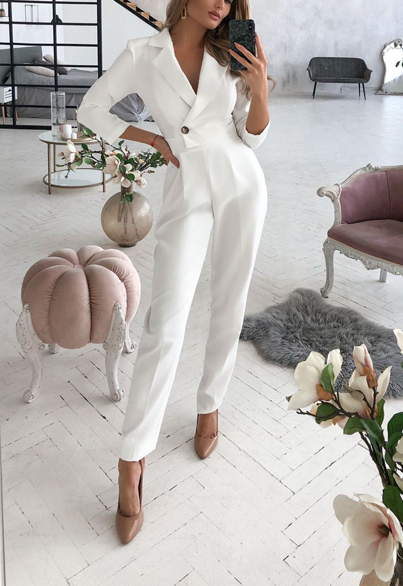 Solid Patchwork Turndown Collar Regular Jumpsuits