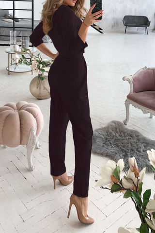 Solid Patchwork Turndown Collar Regular Jumpsuits