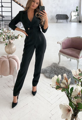 Solid Patchwork Turndown Collar Regular Jumpsuits