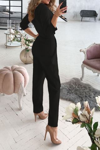 Solid Patchwork Turndown Collar Regular Jumpsuits