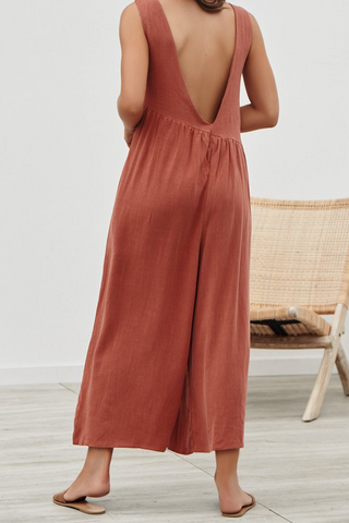 Solid Patchwork O Neck Loose Jumpsuits