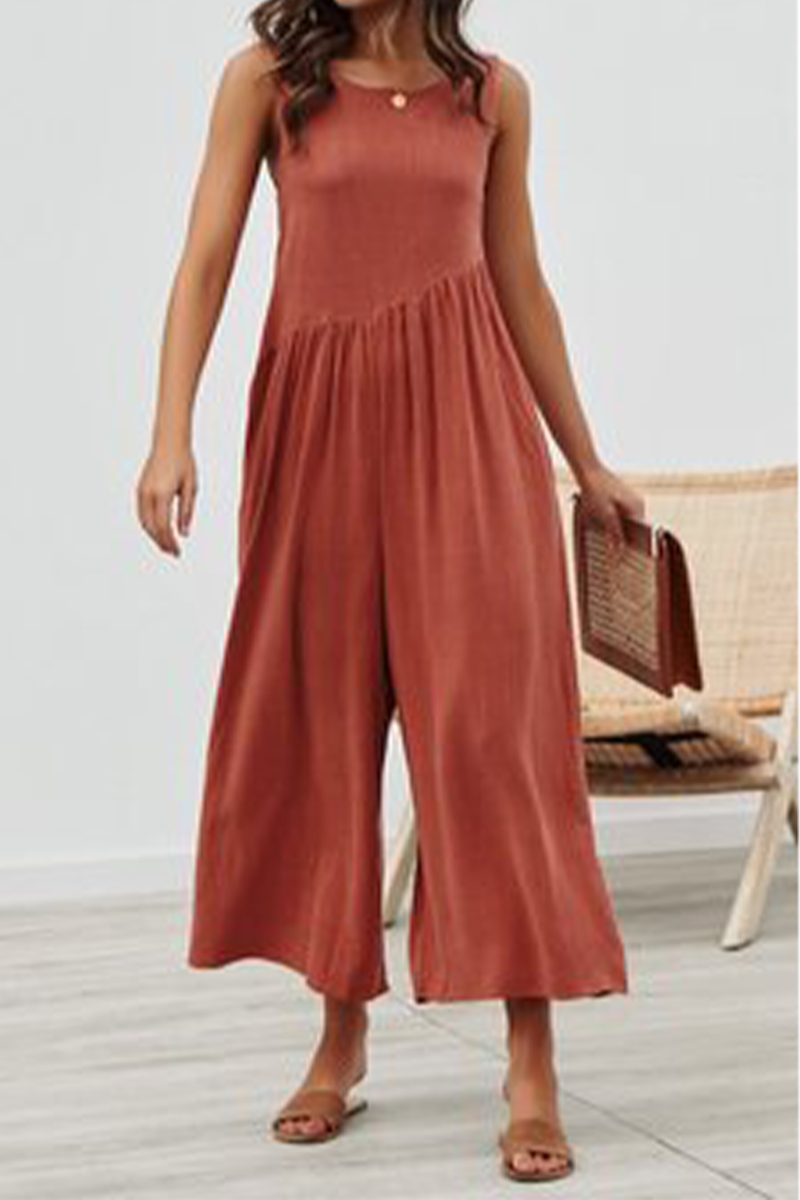 Solid Patchwork O Neck Loose Jumpsuits