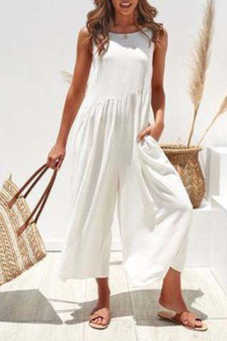 Solid Patchwork O Neck Loose Jumpsuits