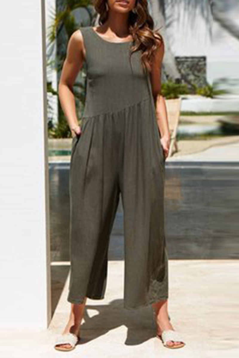 Solid Patchwork O Neck Loose Jumpsuits