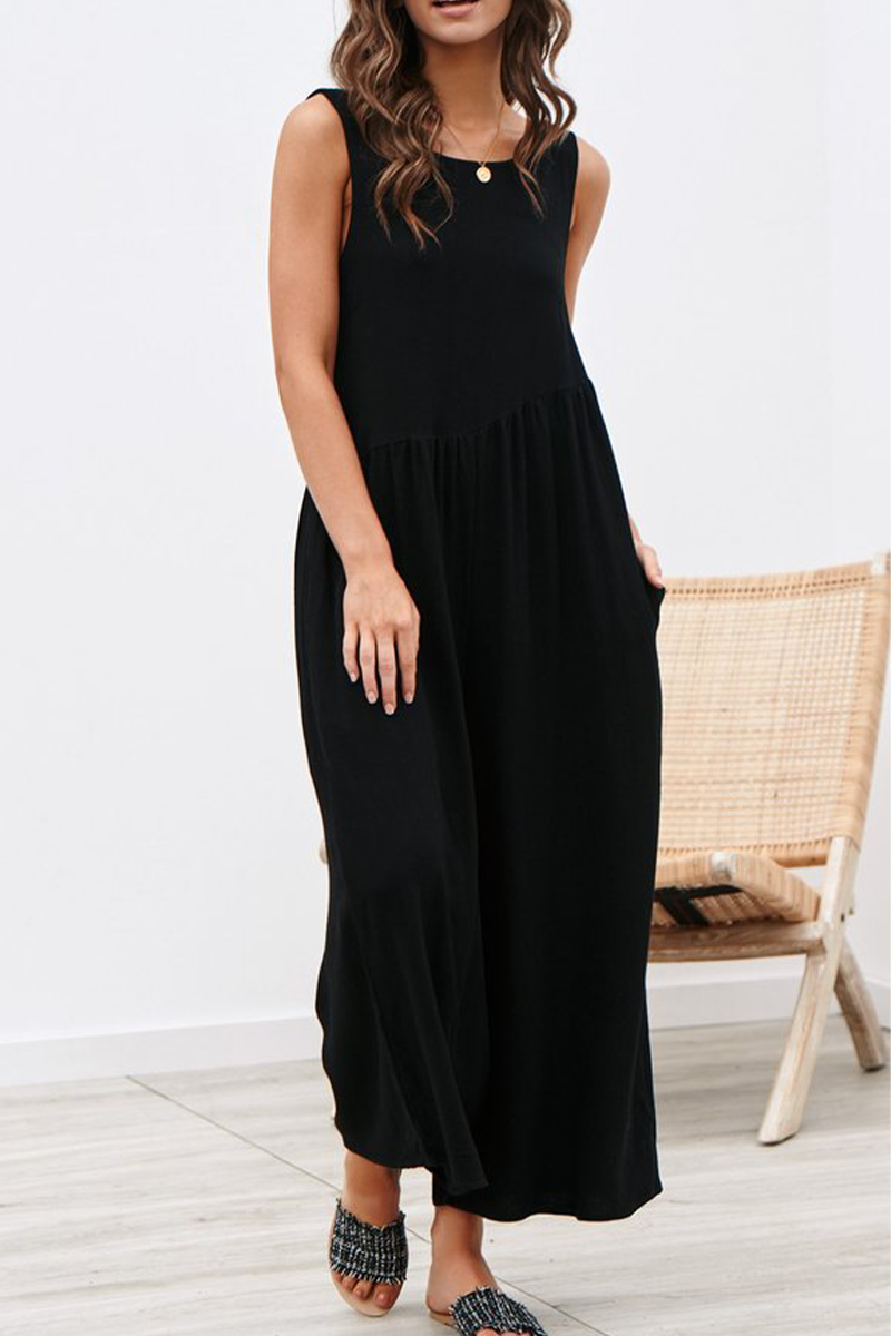 Solid Patchwork O Neck Loose Jumpsuits