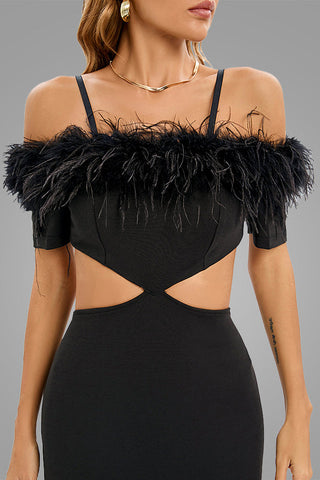 Cutout Feather Trim Spaghetti Strap Dress