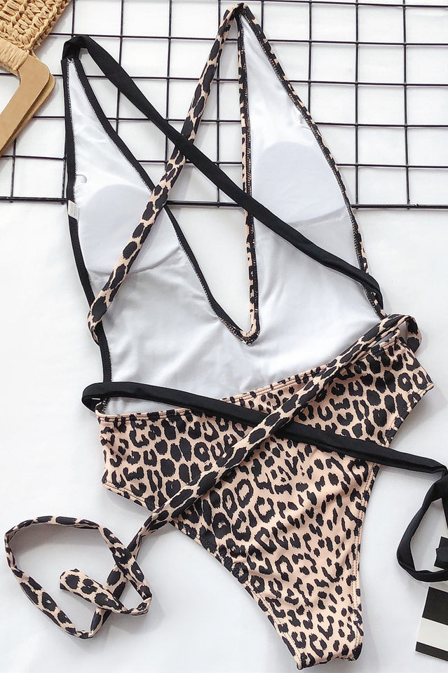 Leopard Criss Cross One Piece Swimwear