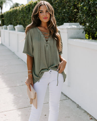 Tundra Lace Up Knit Top - Olive