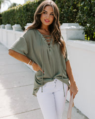 Tundra Lace Up Knit Top - Olive