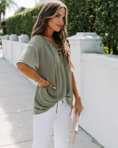 Tundra Lace Up Knit Top - Olive