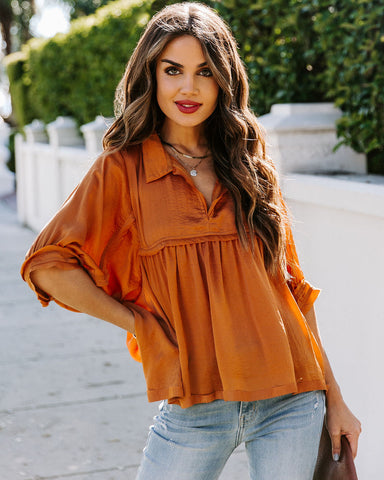 Tabitha Satin Babydoll Blouse - Burnt Orange