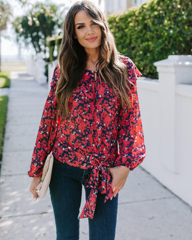 Special Delivery Floral Ruffle Tie Blouse