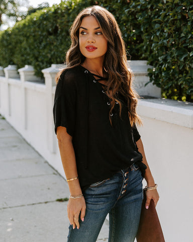 Tundra Lace Up Knit Top - Black