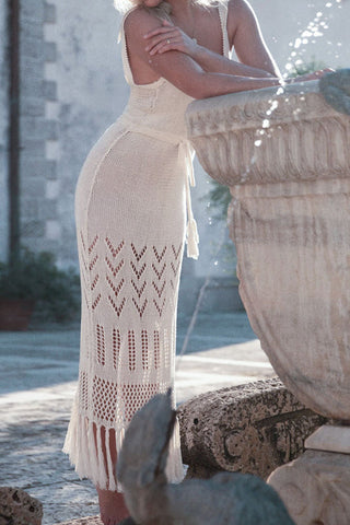 Tassel Hem Crochet Knit Cover Up Dress