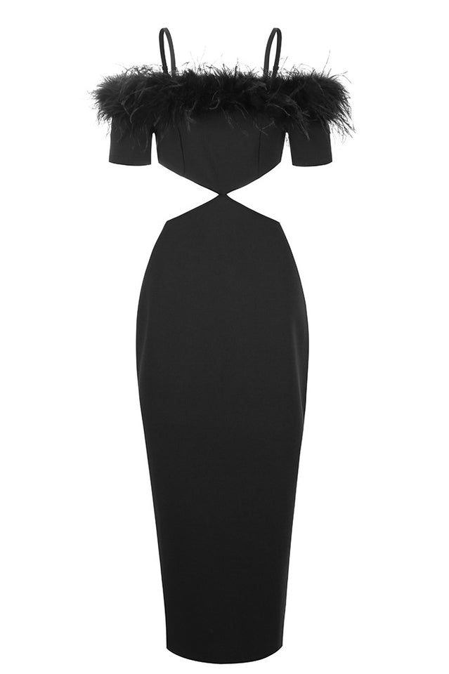 Cutout Feather Trim Spaghetti Strap Dress