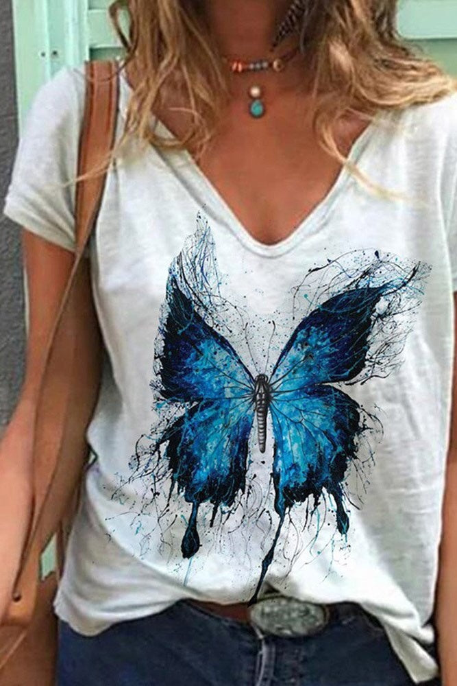V-Neck Butterfly Print T-Shirt
