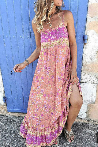 Robe longue sans manches à col carré et imprimé floral