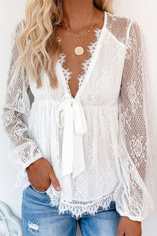 V-Neck Lace Embroidery Long-Sleeve Blouse with Bow Knot