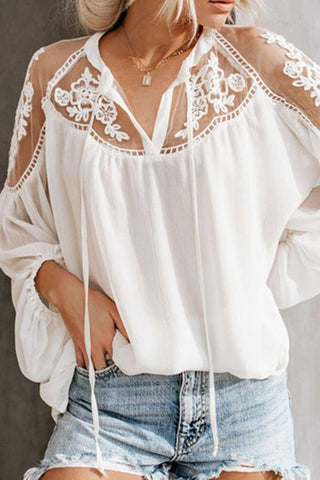 V-Neck Lace Crochet Embroidery Patchwork Blouse