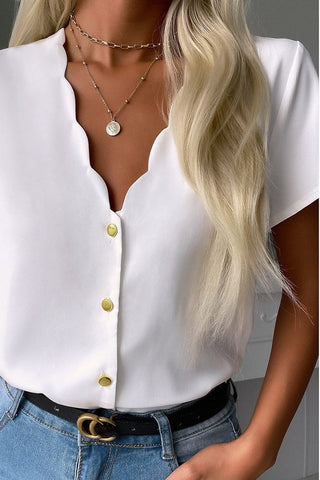 White V-Neck Scallop Edge Blouse