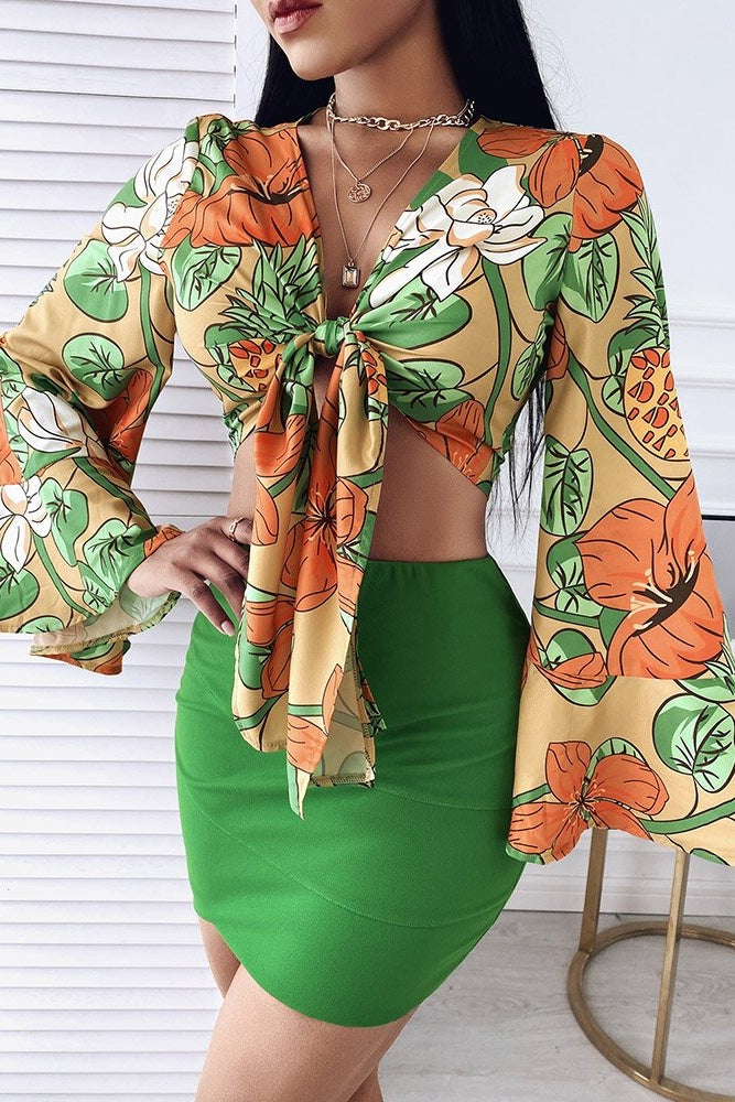 Tropical Print Top Skirt Set