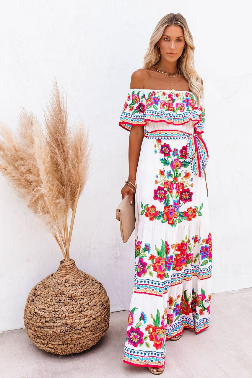 Trendy Off Shoulder Malamala Print Maxi Dress