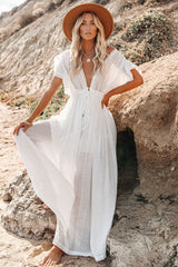 White Cover-ups Bikini Cover up Kaftan Women Long Maxi Dress Solid V neck Ladies Holiday Dress