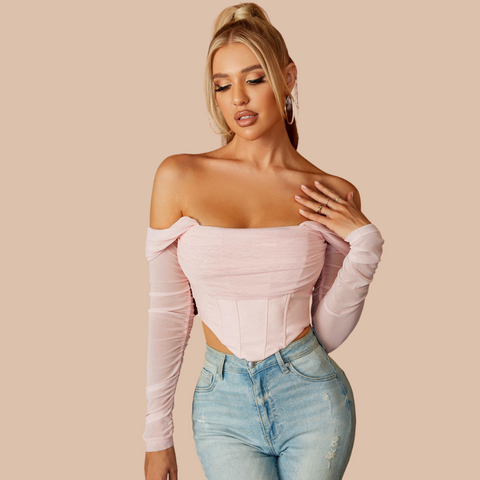 Colla Mesh Off Shoulder Long Sleeve Corset Top