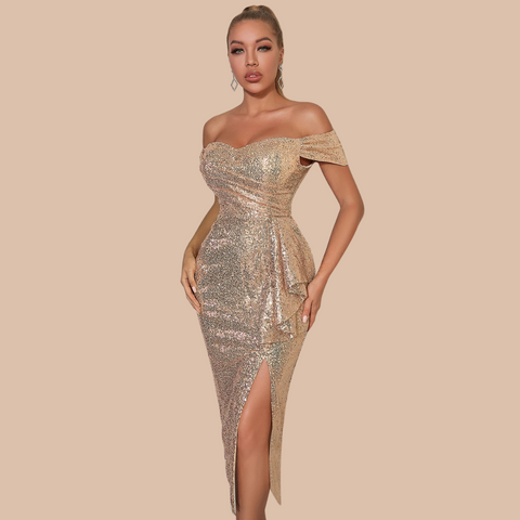 Athena Off Shoulder Gold Sequin Dress