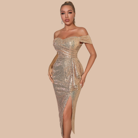 Athena Off Shoulder Gold Sequin Dress Orro Shop Athena Off Shoulder Gold Sequin Dress Orro Shop