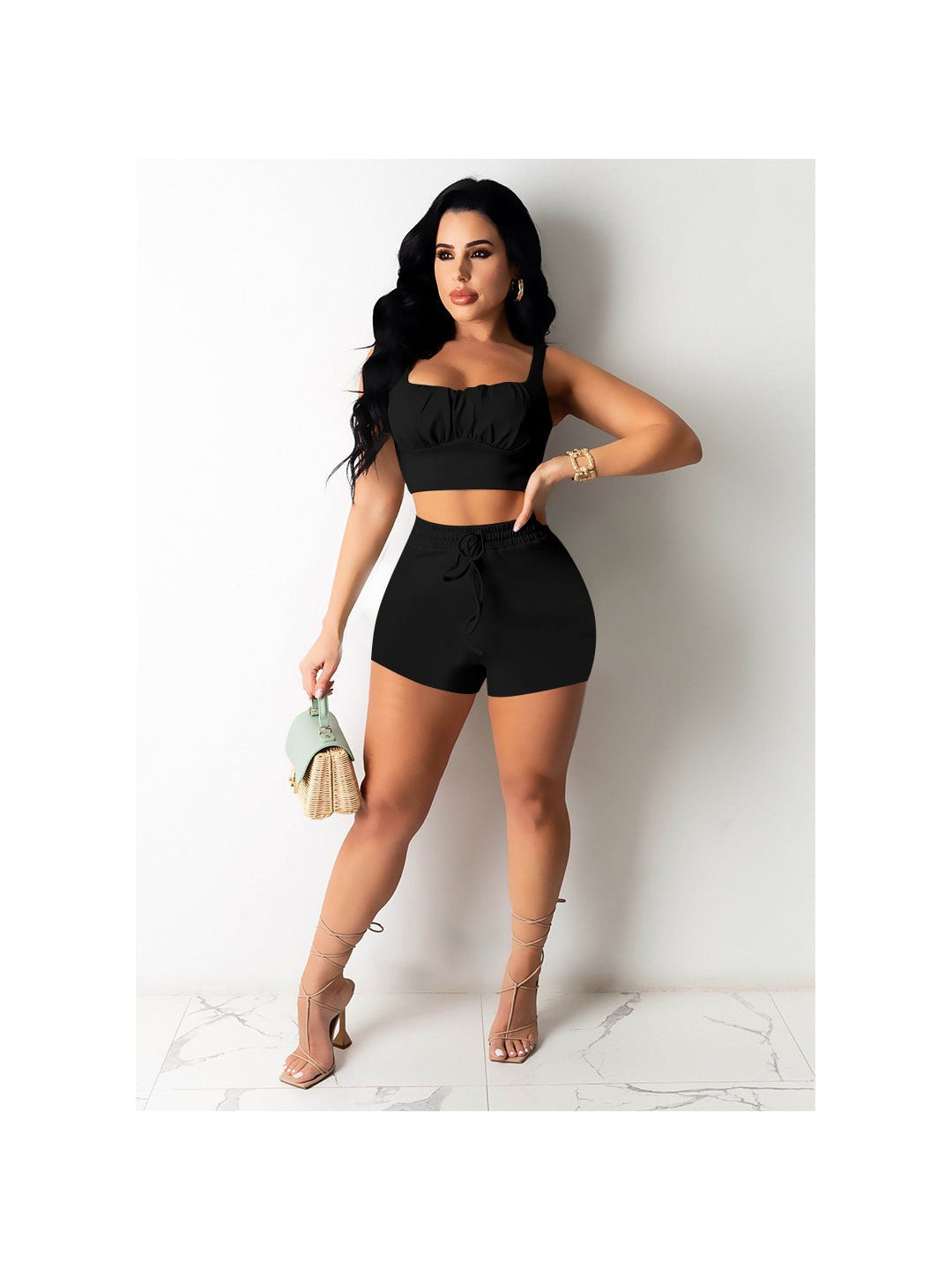 Solid colour fashion vest and shorts two-piece set