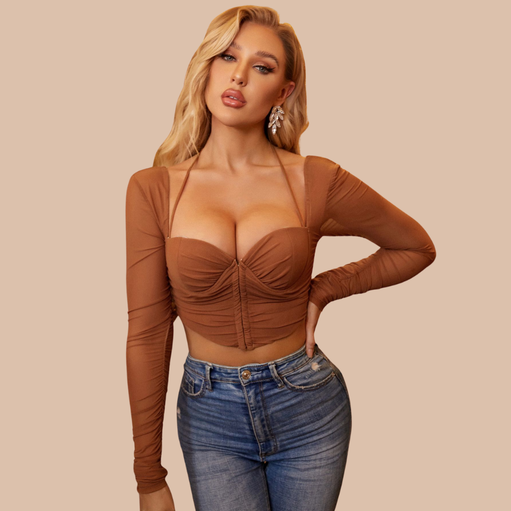 Maggie Neckholder-Crop-Top mit langen Ärmeln aus Netzstoff