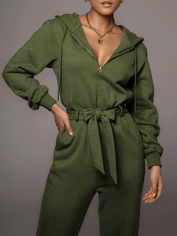 Zippered Hooded Belt Long Sleeve Cargo Jumpsuit