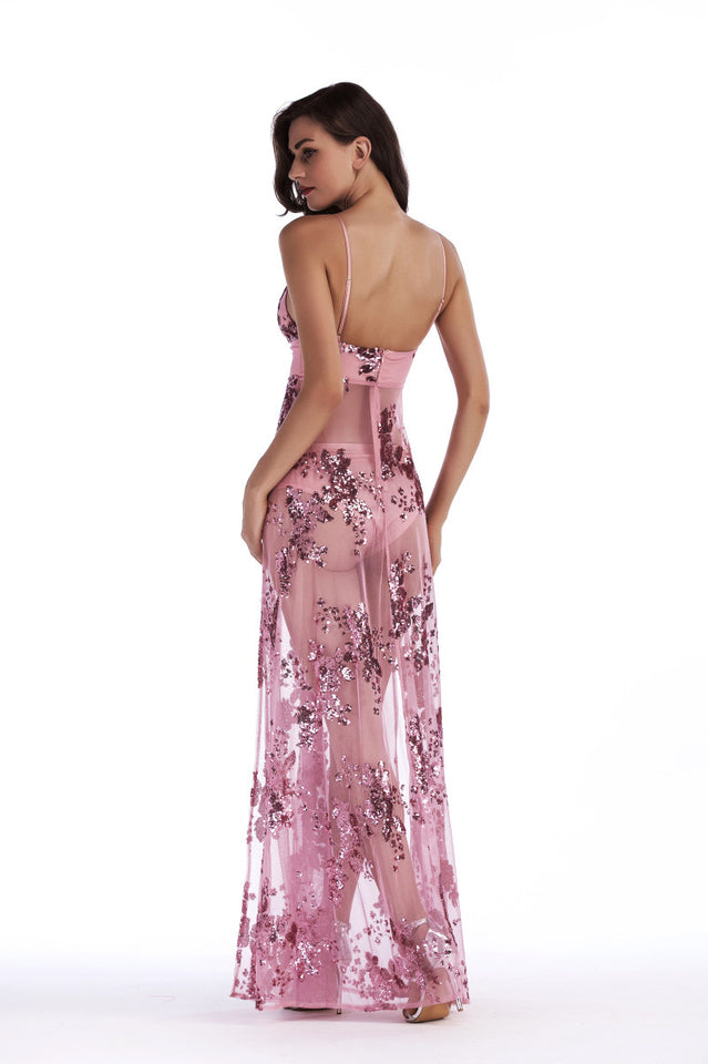Sequined Sling Backless Split Dress