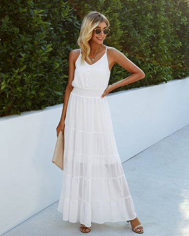 Sunshower Cotton Tiered Maxi Dress - Optic White