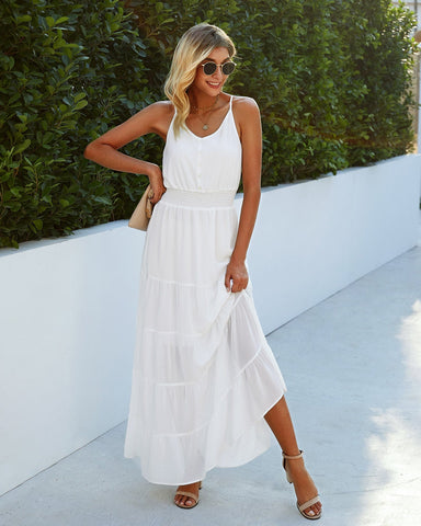 Sunshower Cotton Tiered Maxi Dress - Optic White