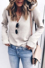 V-Neck Long Sleeve Solid Knit Sweater