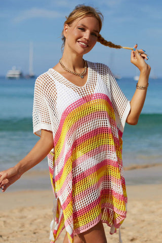 Rainbow Stripe Openwork Slit Cover Up