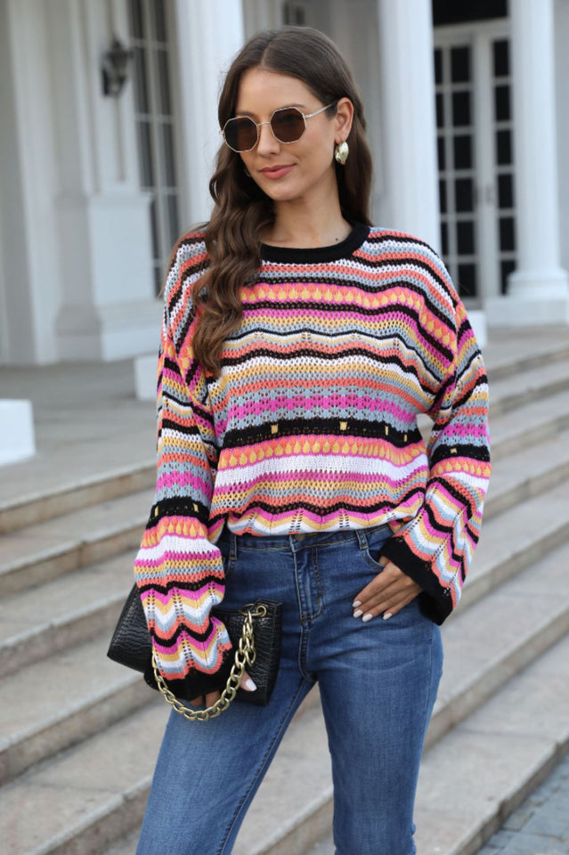 Multicolored Stripe Round Neck Cover-Up