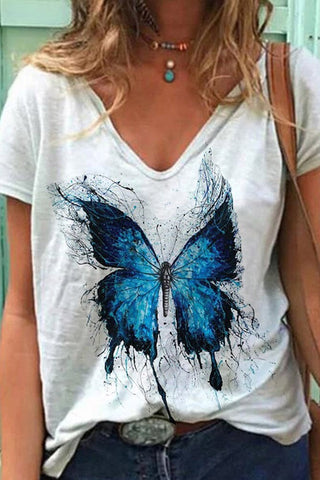 V-Neck Butterfly Print T-Shirt