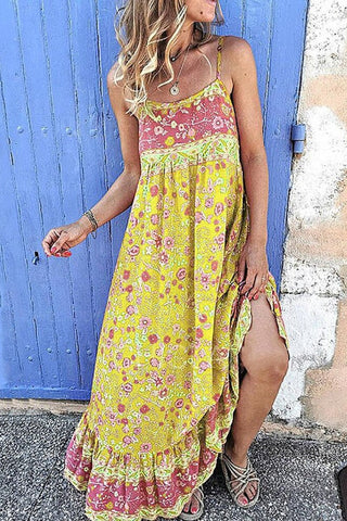 Robe longue sans manches à col carré et imprimé floral