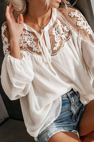 V-Neck Lace Crochet Embroidery Patchwork Blouse