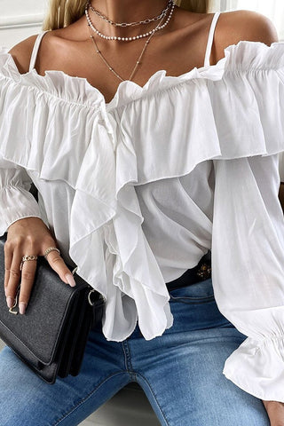 White Cold Shoulder Pleated Ruffle Bell Sleeve Blouse