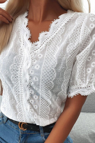 V-Neck Lace Hem Eyelet Embroidered Top