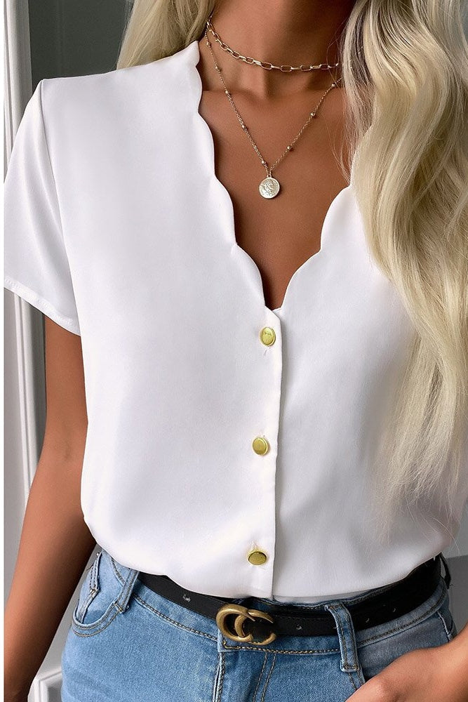 White V-Neck Scallop Edge Blouse