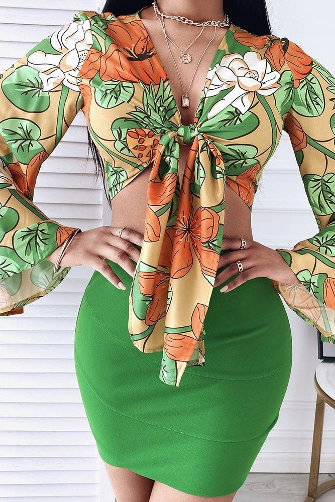 Tropical Print Top Skirt Set