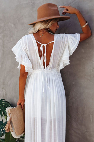 White Cover-ups Bikini Cover up Kaftan Women Long Maxi Dress Solid V neck Ladies Holiday Dress