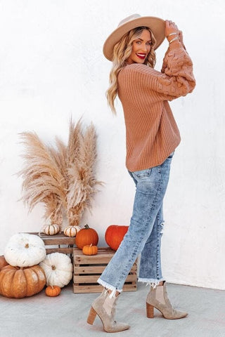 Textured Knit Sweater with Lantern Sleeves