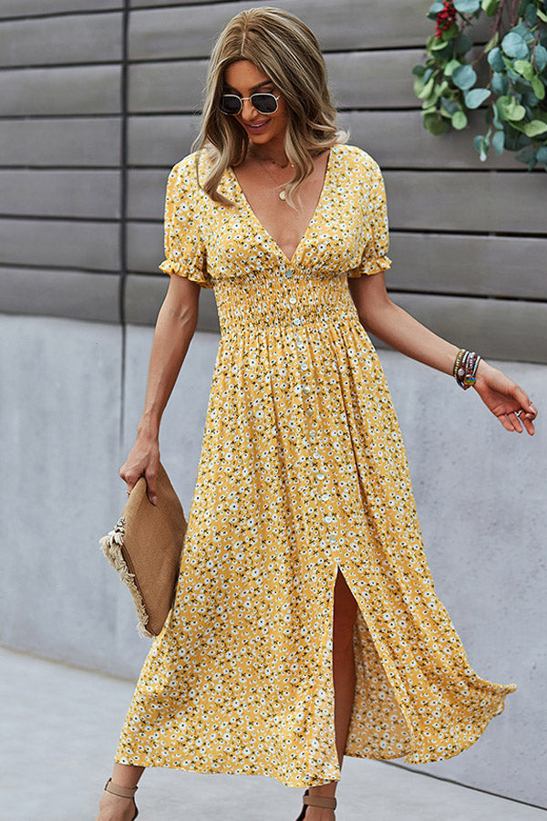 V Neck Smocked Chest Floral Print Maxi Dress