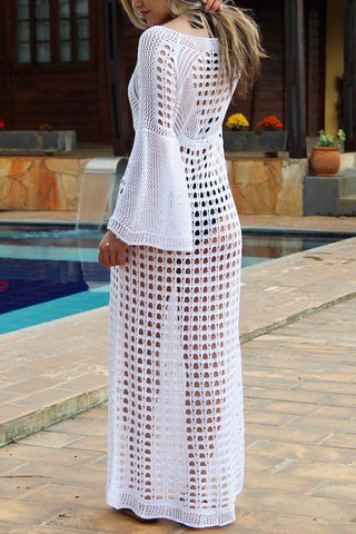 Flare Sleeve Knitted White Swimsuit Cover Up